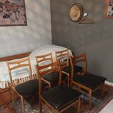 5 Scandinavian style chairs, wood and black faux leather.