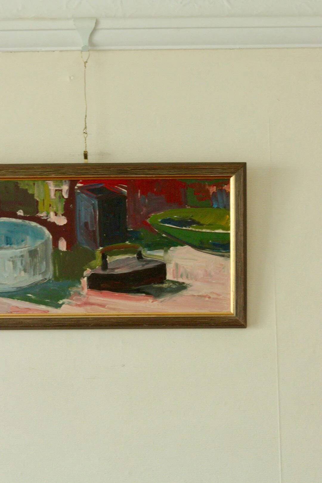 Nature morte suédoise à l'huile sur panneau avec fer et pot par Hugo Nyman