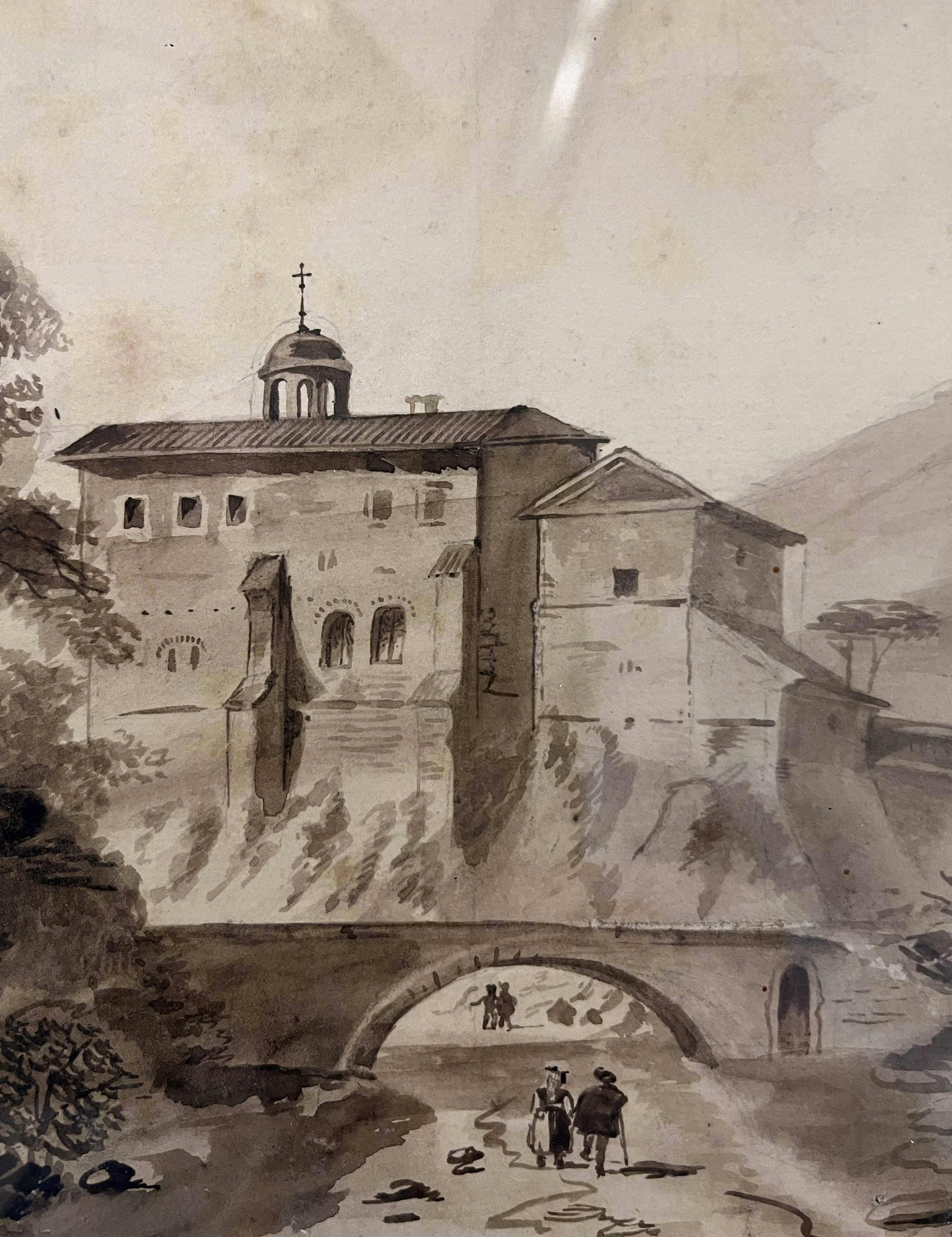 Original painting "Animated Monastery Landscape" around 1850 Italy?