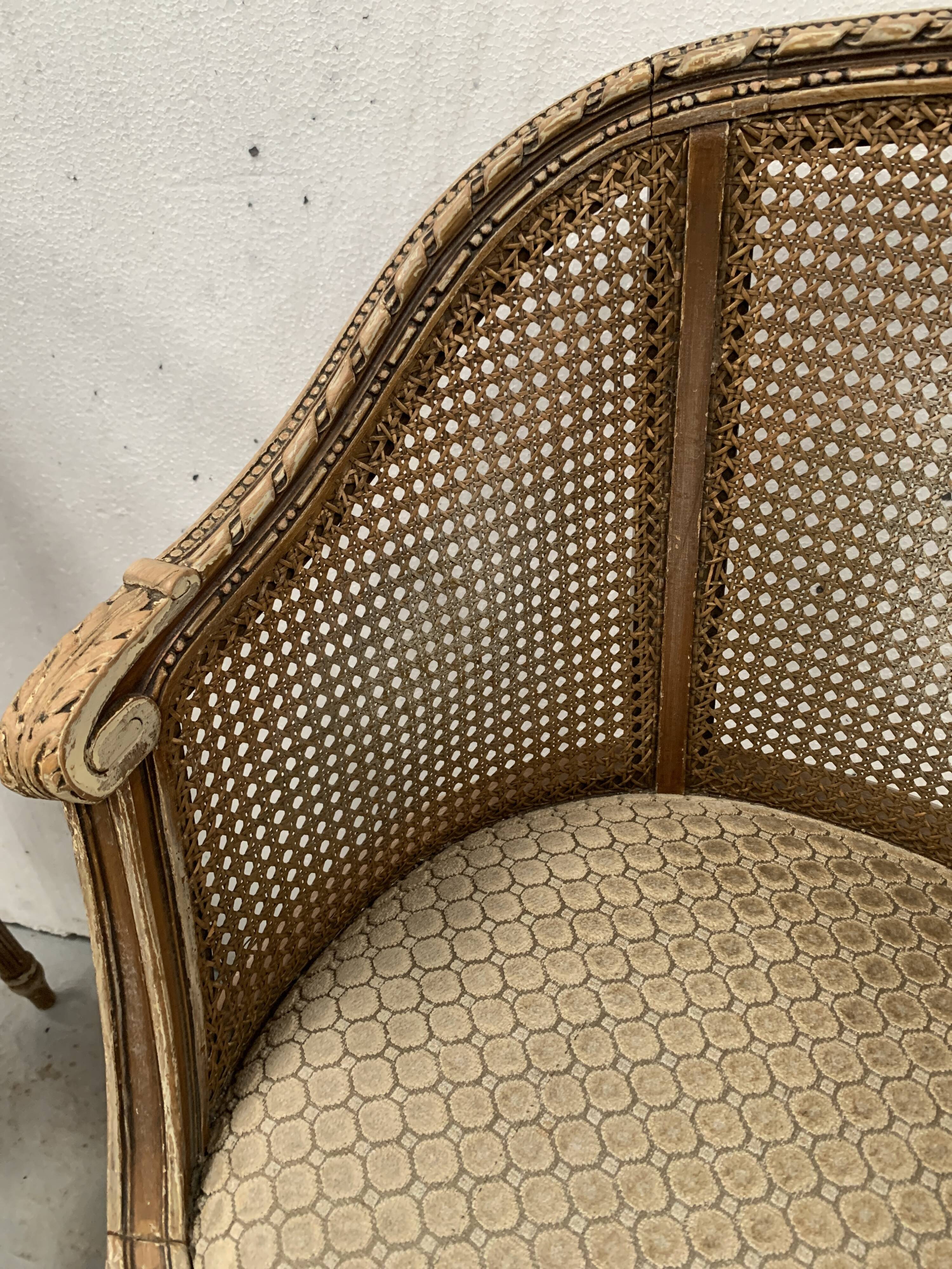 Pair of Louis XVI style basket armchairs in patinated beech, 20th century