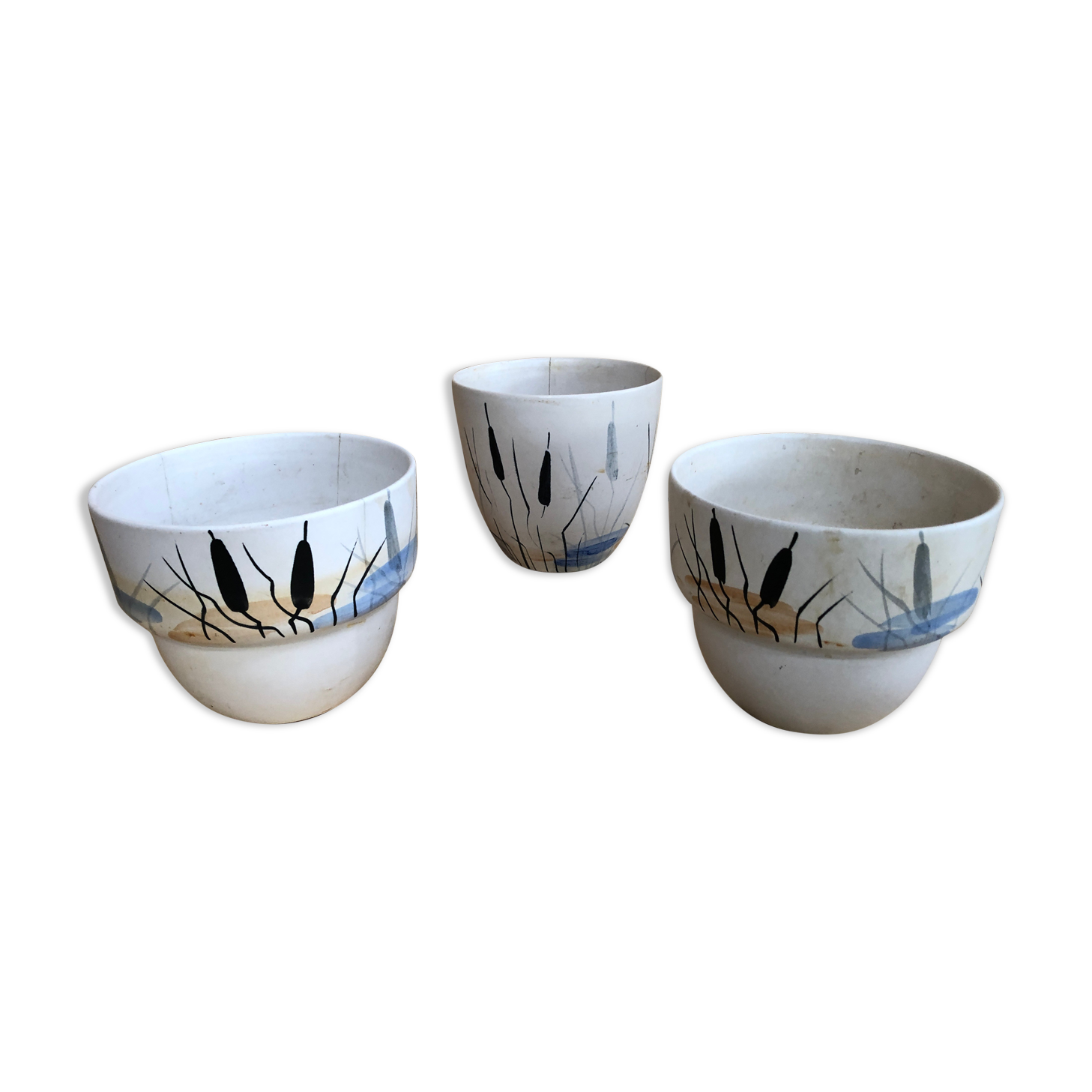 Lot 3 old caches pot milet sevres ceramic decoration reeds vintage