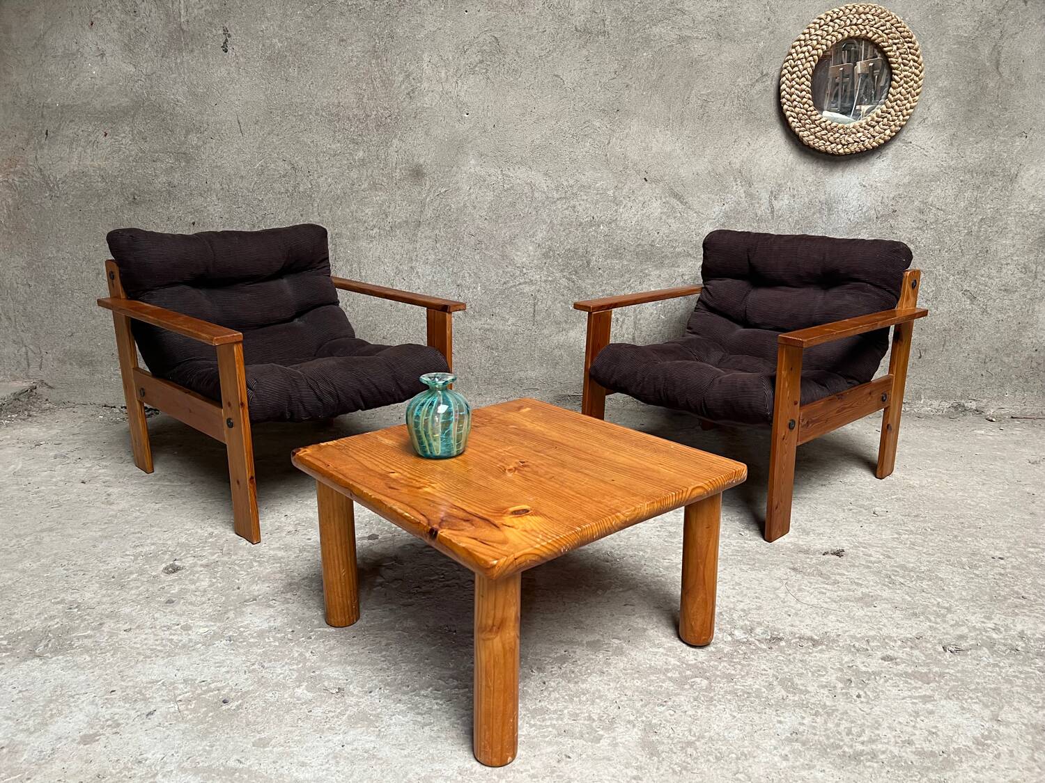 Pair of vintage pine armchairs 1970 1980 design look