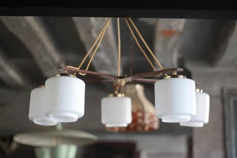 Teak and opaline pendant light, Scandinavian ceiling lamp, vintage wooden pendant with 5 lights, decor.