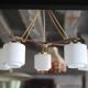 Teak and opaline pendant light, Scandinavian ceiling lamp, vintage wooden pendant with 5 lights, decor.