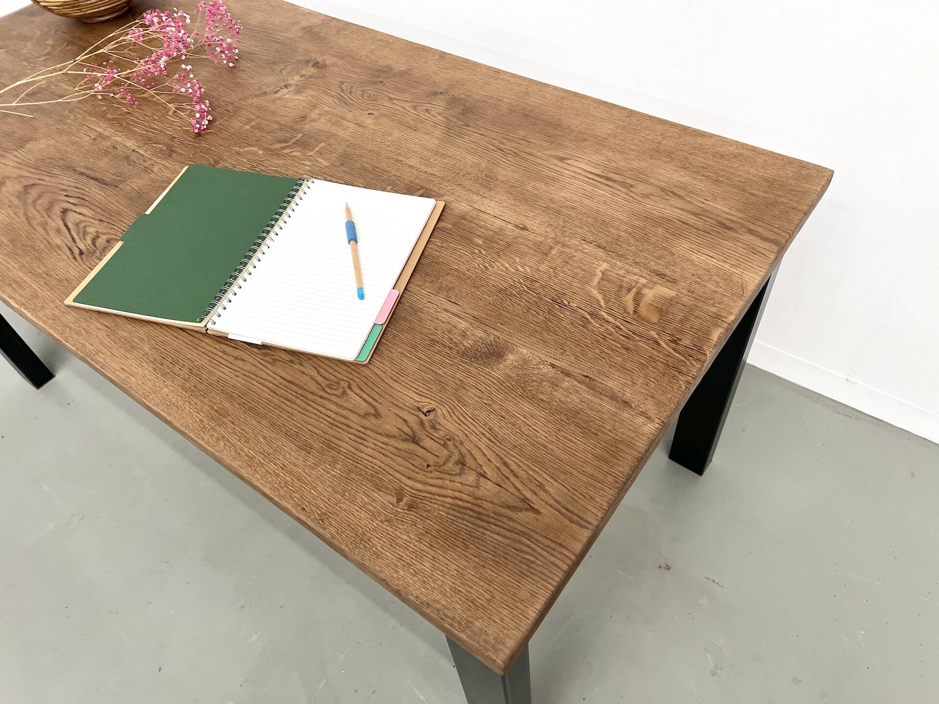 Solid oak dining table from the 70s with metal legs