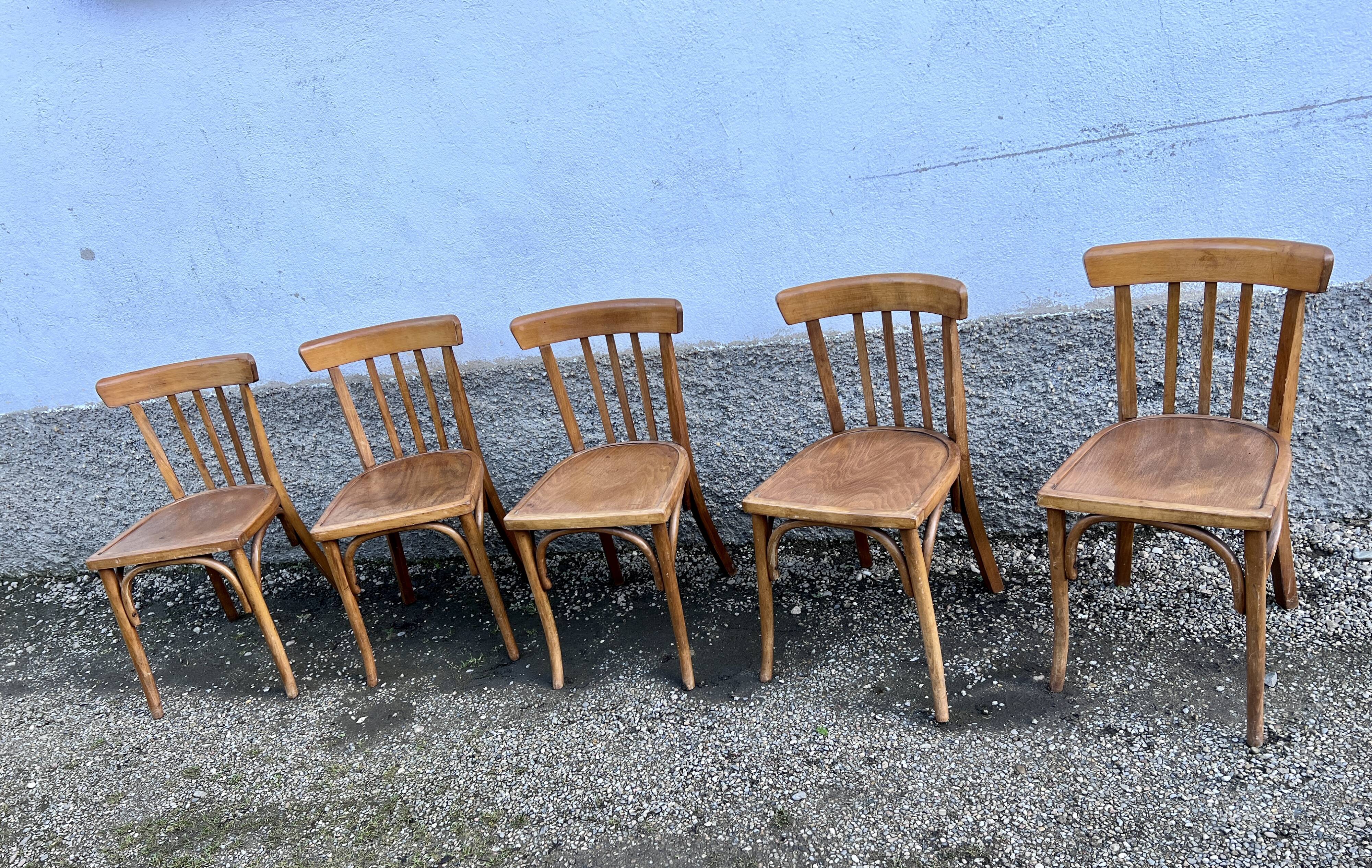 Series of 5 bistro/bohemian beech chairs - vintage - 1950