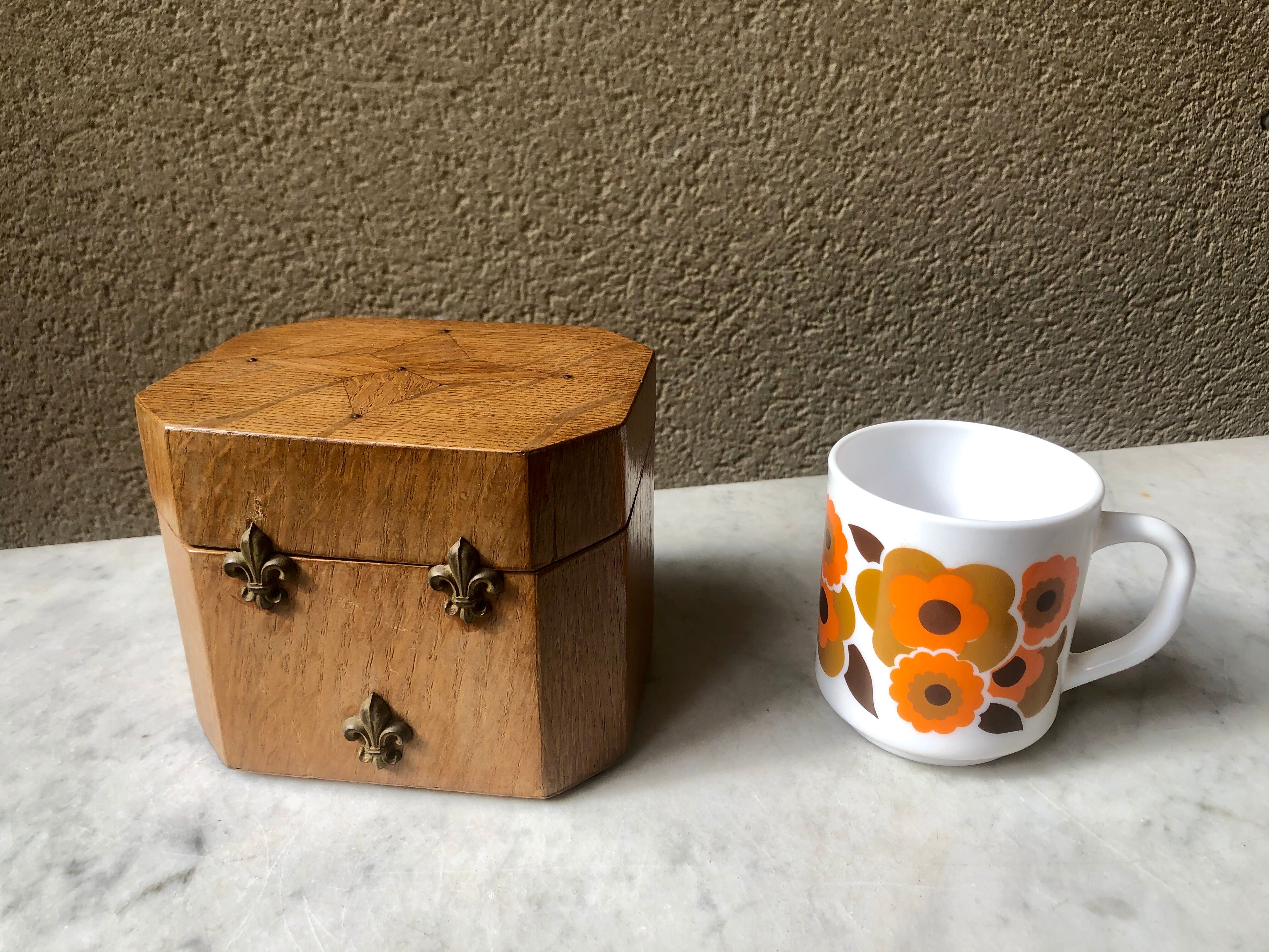 Jewelry box french craft work vintage 60 oak blond lily flower
