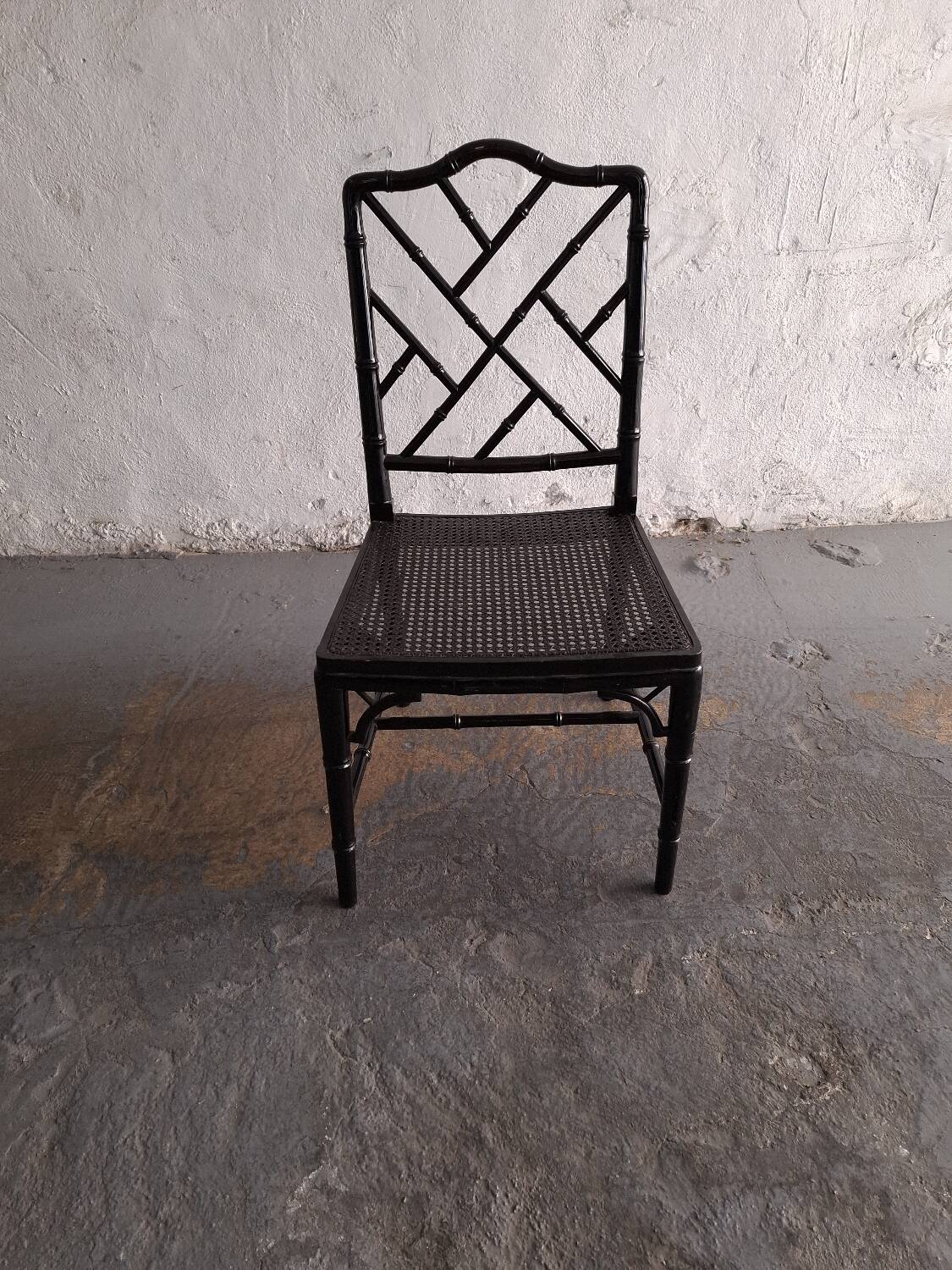 Black lacquered chair, faux bamboo, Chippendale, Jonathan Adler