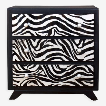 Restored chest of drawers with zebra tapestry, 20th century