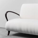 Set divano e poltrona in tessuto bianco legno anni ’70 modernariato