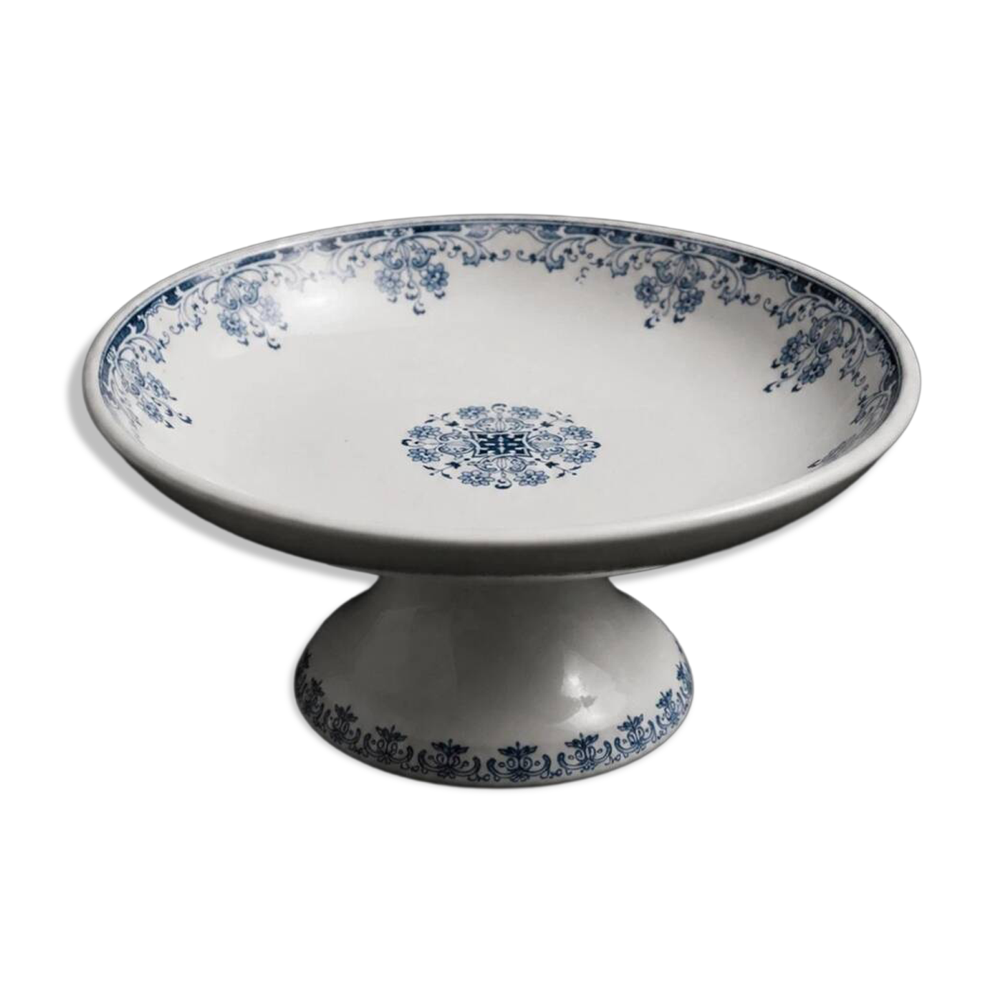 Old footed bowl Sarreguemines Mignon blue faience vintage