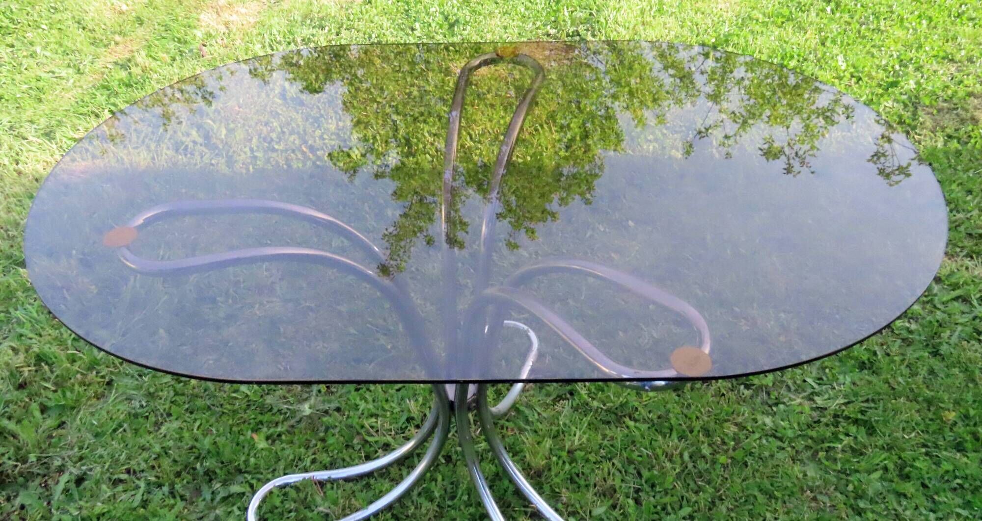 Giotto Stoppino Vintage Italian Smoked Glass and Chrome Oval Table