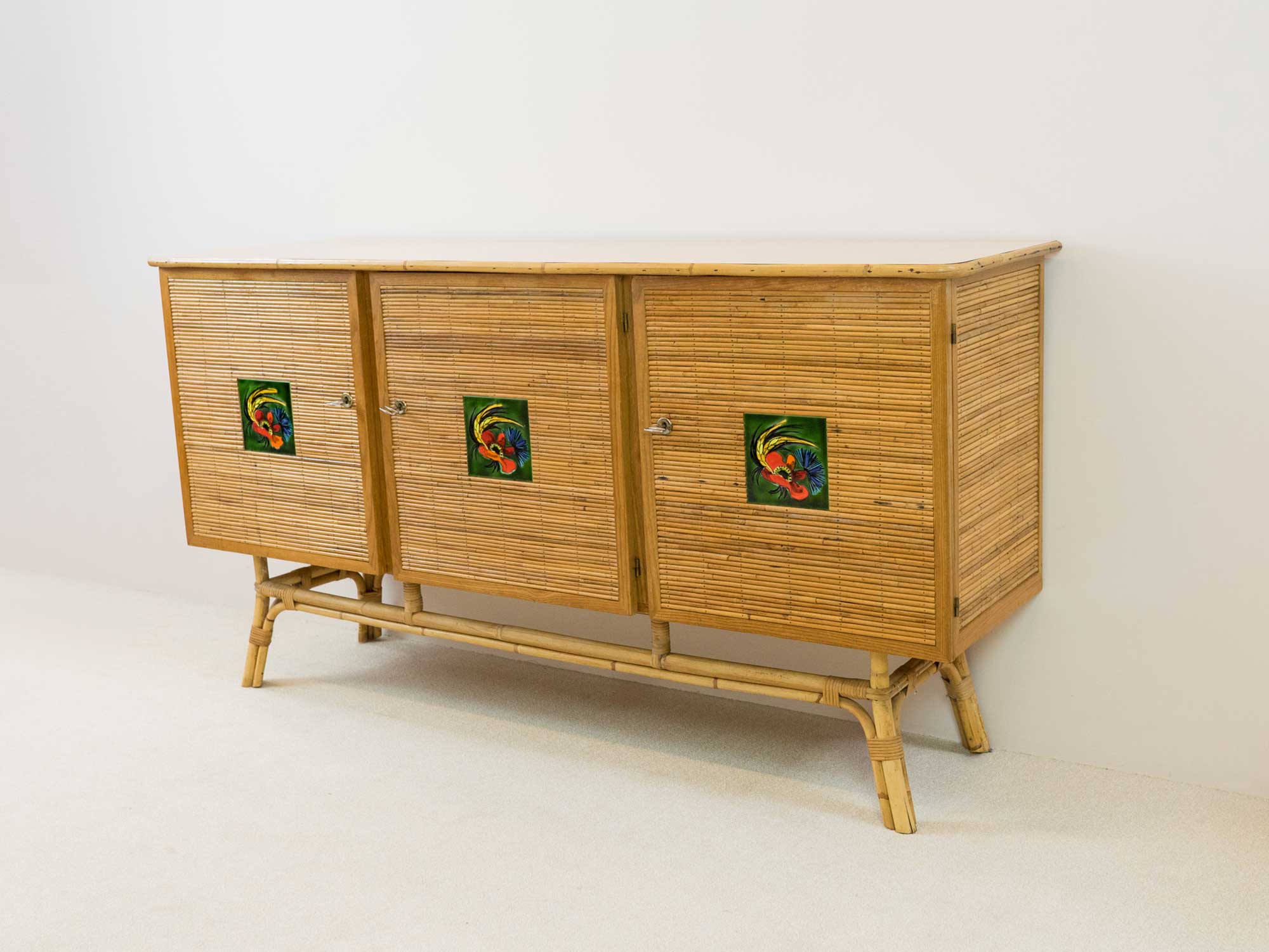 Rattan sideboard, Vallauris tiles, 1950s