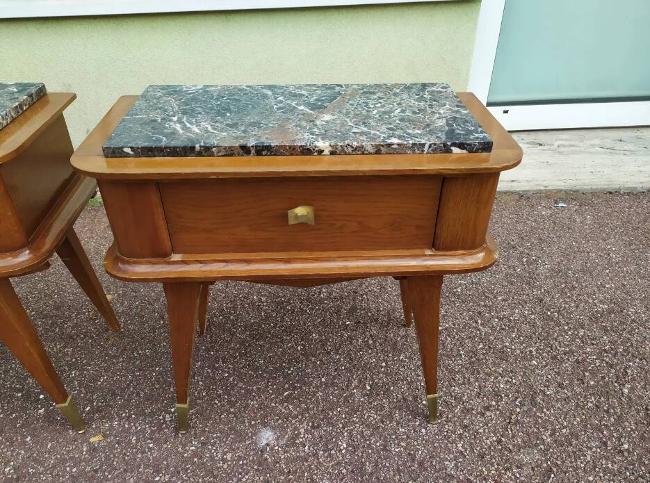 Set of 2 black white marble wood bedside tables with compass legs