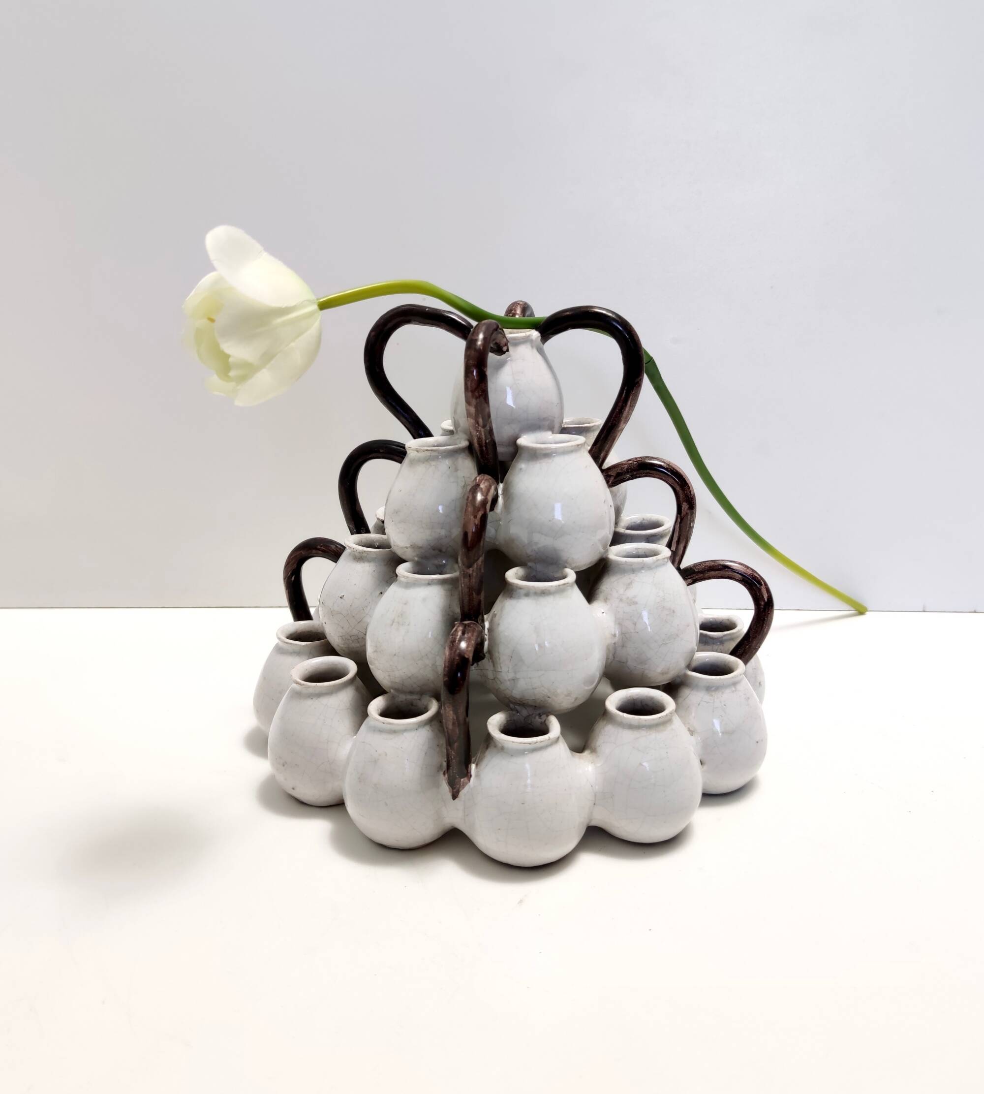 Art Deco / Etruscan Style Vintage Tulip Vase with Glazed Ceramic Amphoras