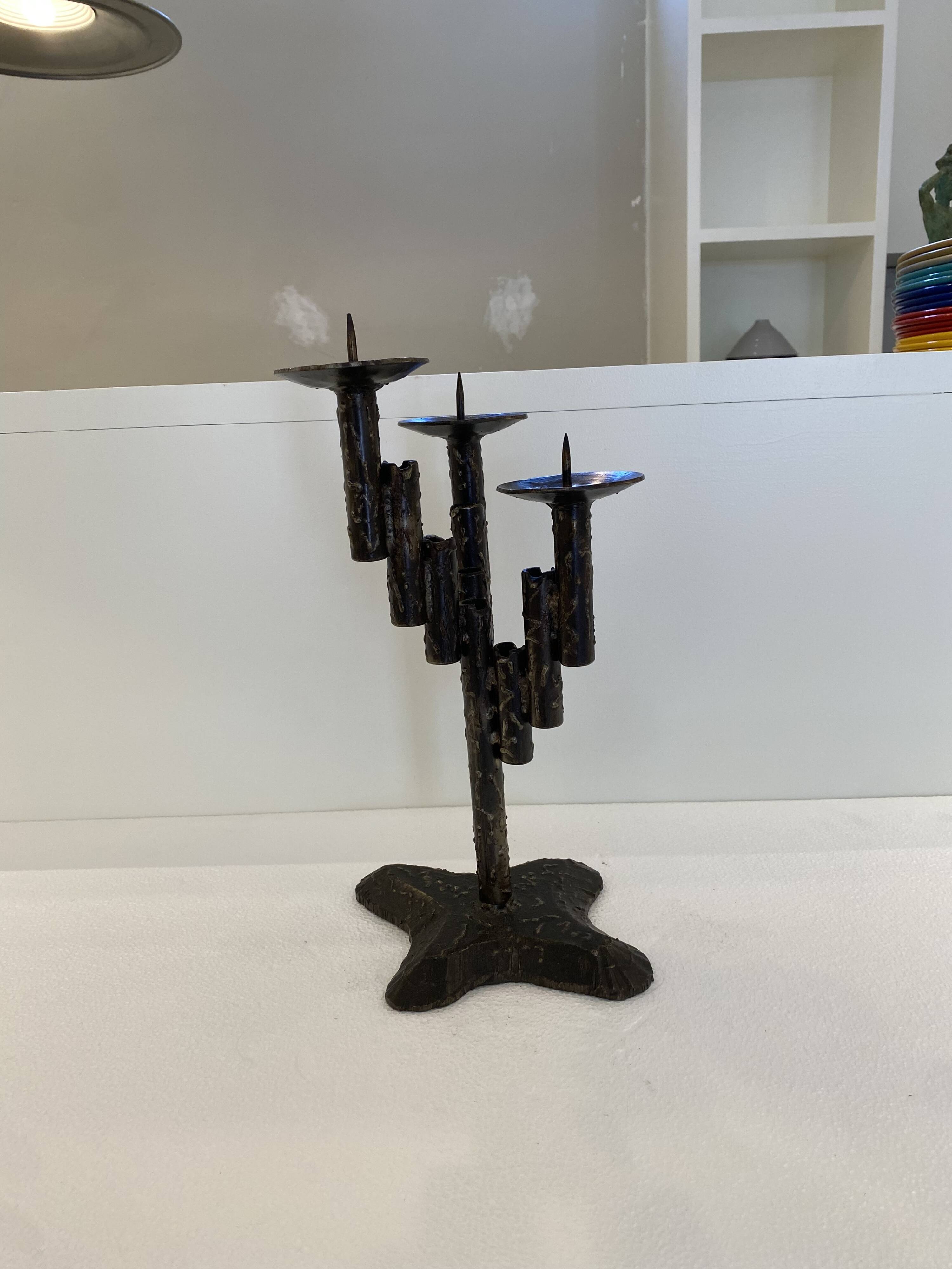 Brutalist Iron Textured Hand Forged Candleholder, Mid-century Modern, 1960s
