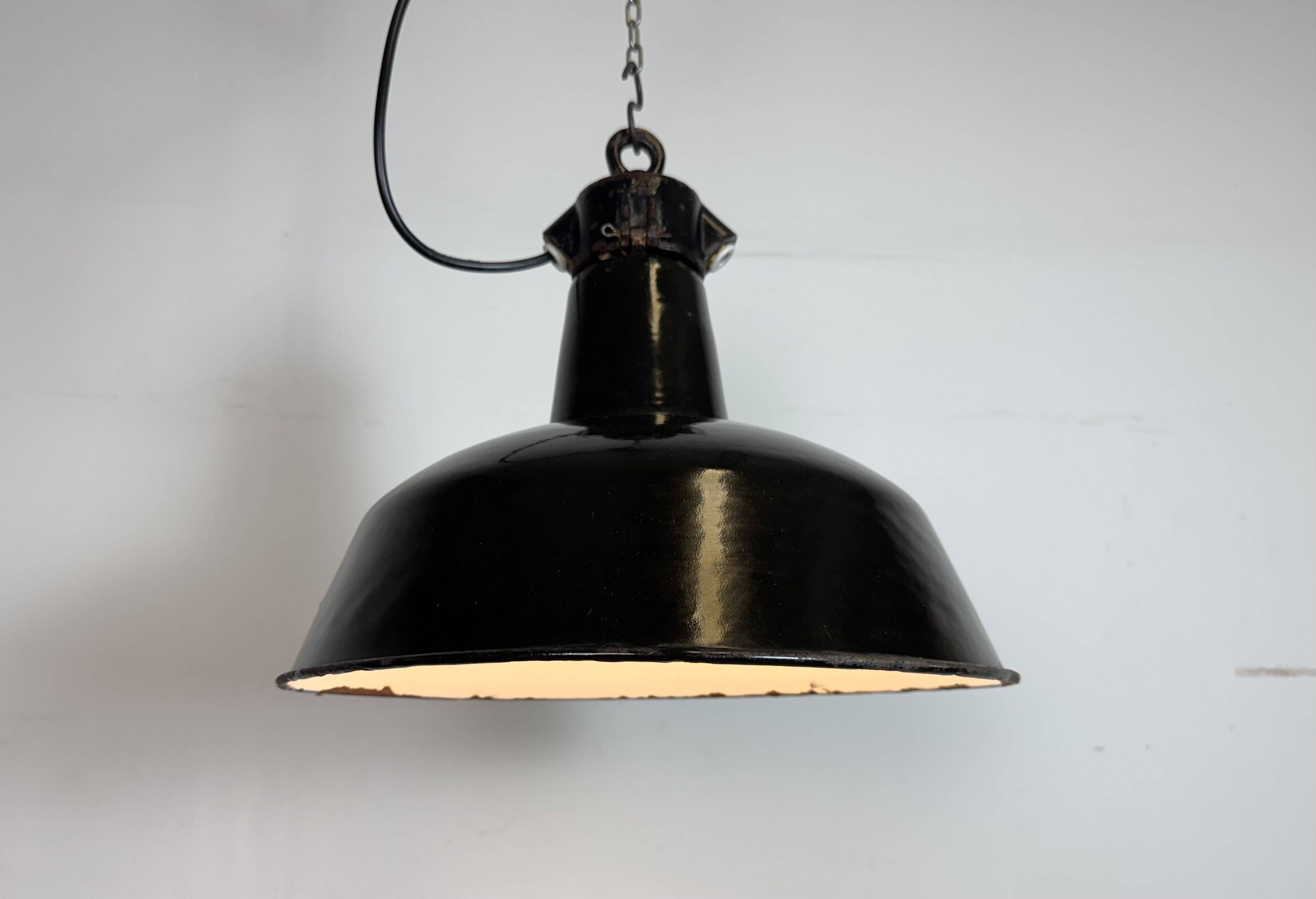 Industrial Black Enamel Factory Lamp with Cast Iron Top, 1950s