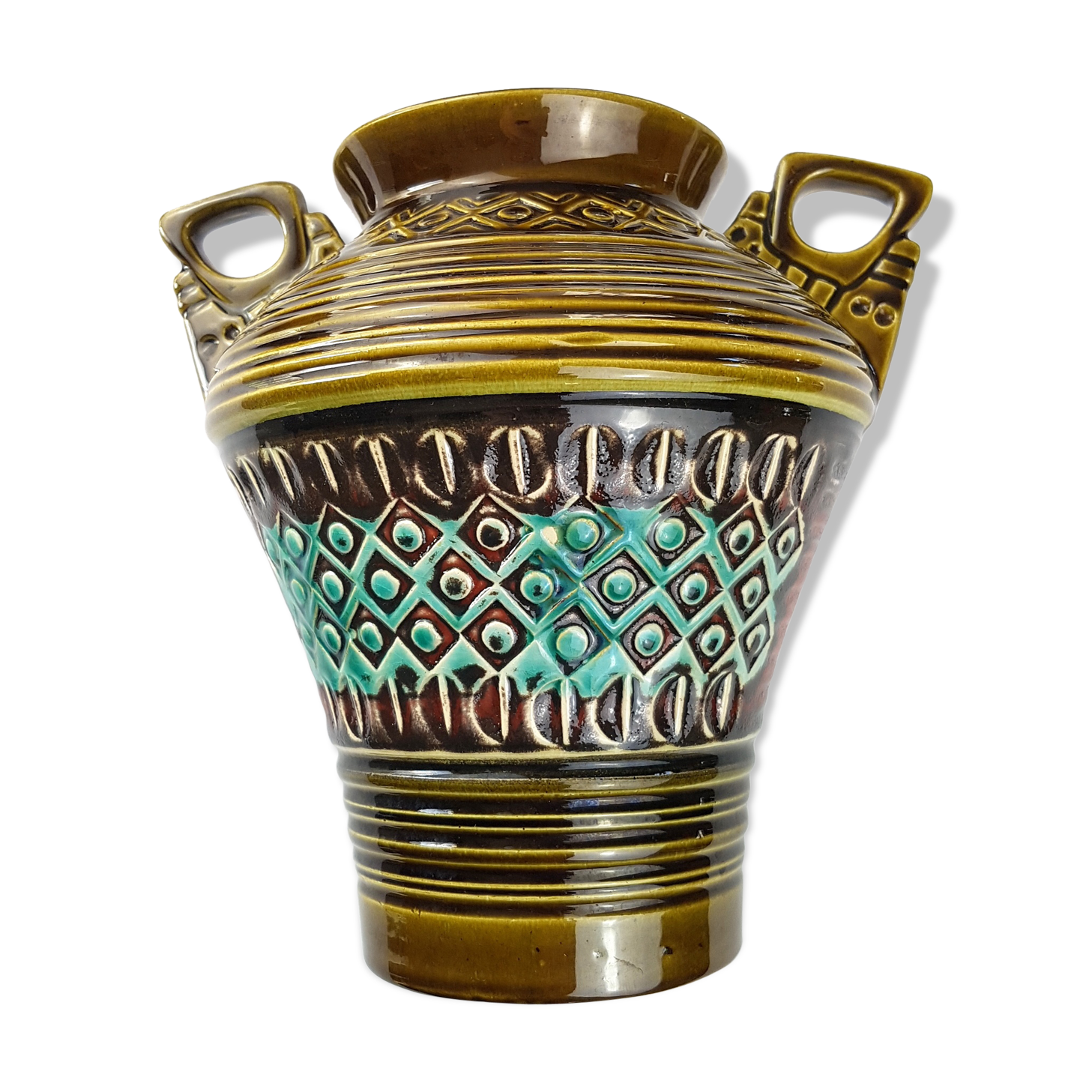 Handles green German ceramic vase fat lava era