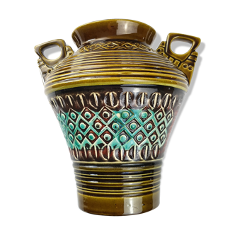 Handles green German ceramic vase fat lava era