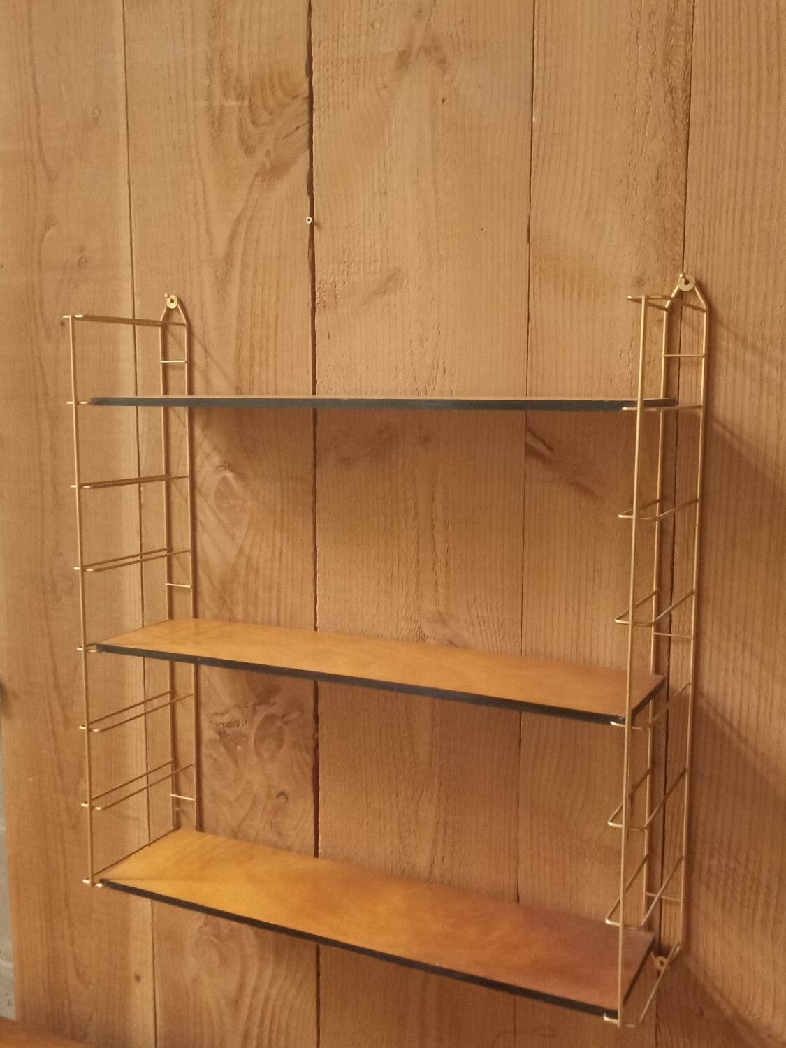 Vintage tomado string shelf, wooden trays
