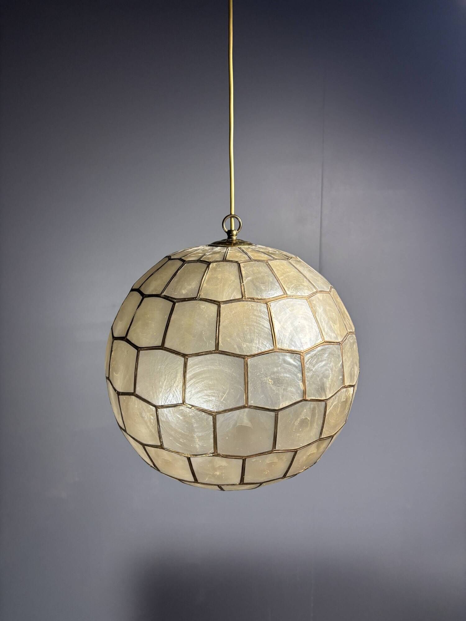 Pair midcentury mother of pearl Capiz large pendants, Feldman Lighting Co