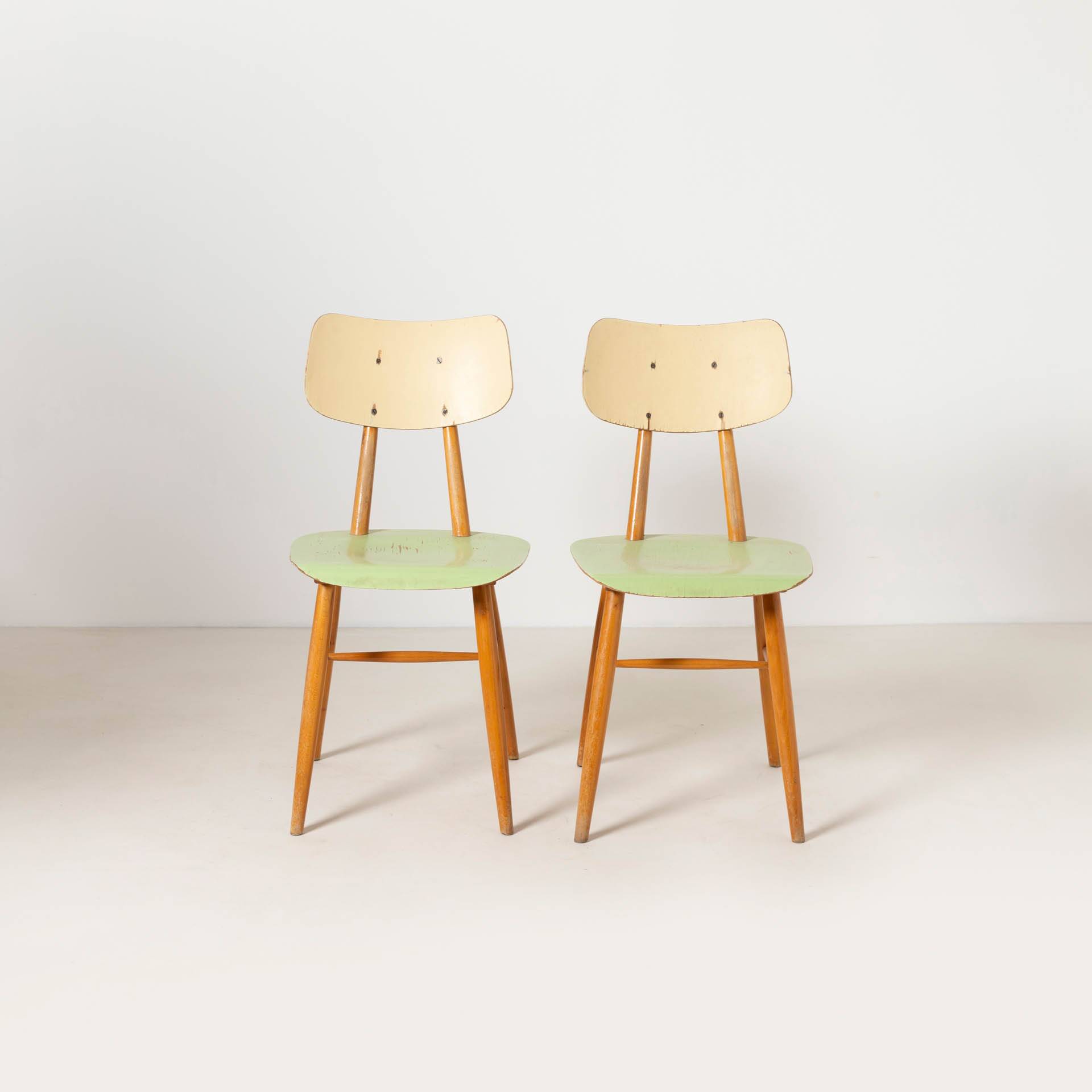 Set of 2 midcentury dining chairs from TON, green painted plywood, 1960S