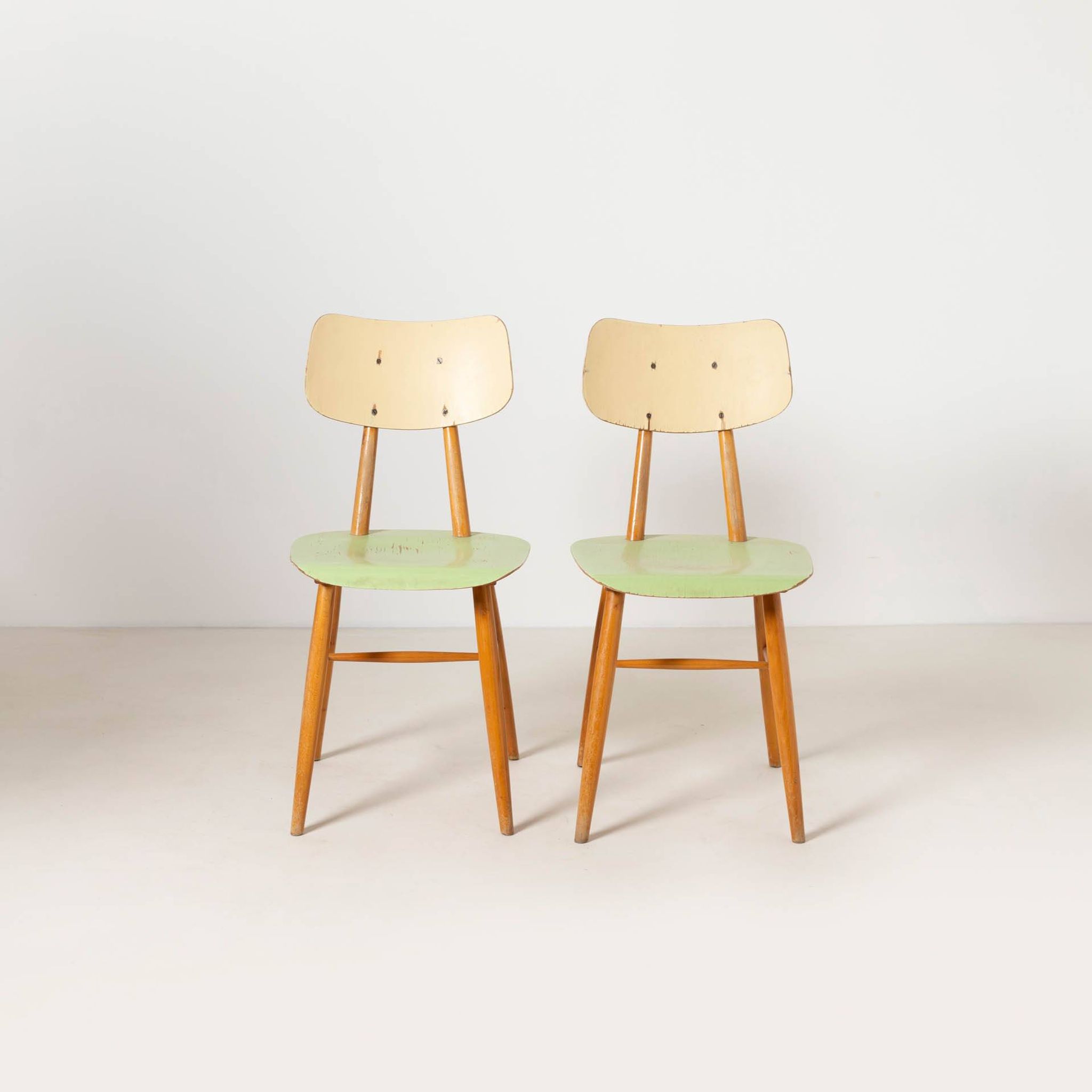 Set of 2 midcentury dining chairs from TON, green painted plywood, 1960S