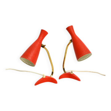 Pair of red Mid Century Modern Diabolo crow's foot table lamps from Cosack