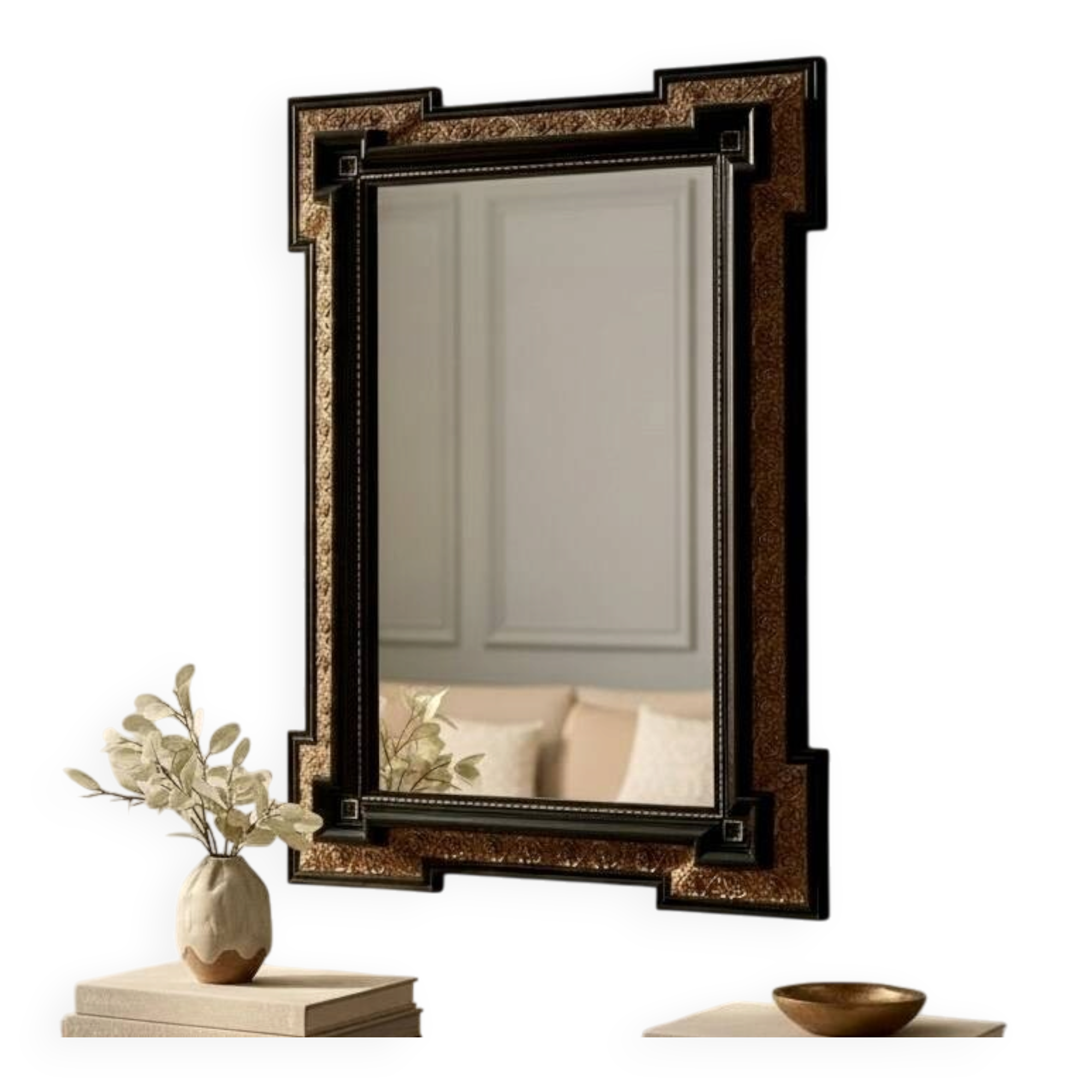 Antique wall mirror in blackened wood and gilded stucco, 19th-century Dutch style.