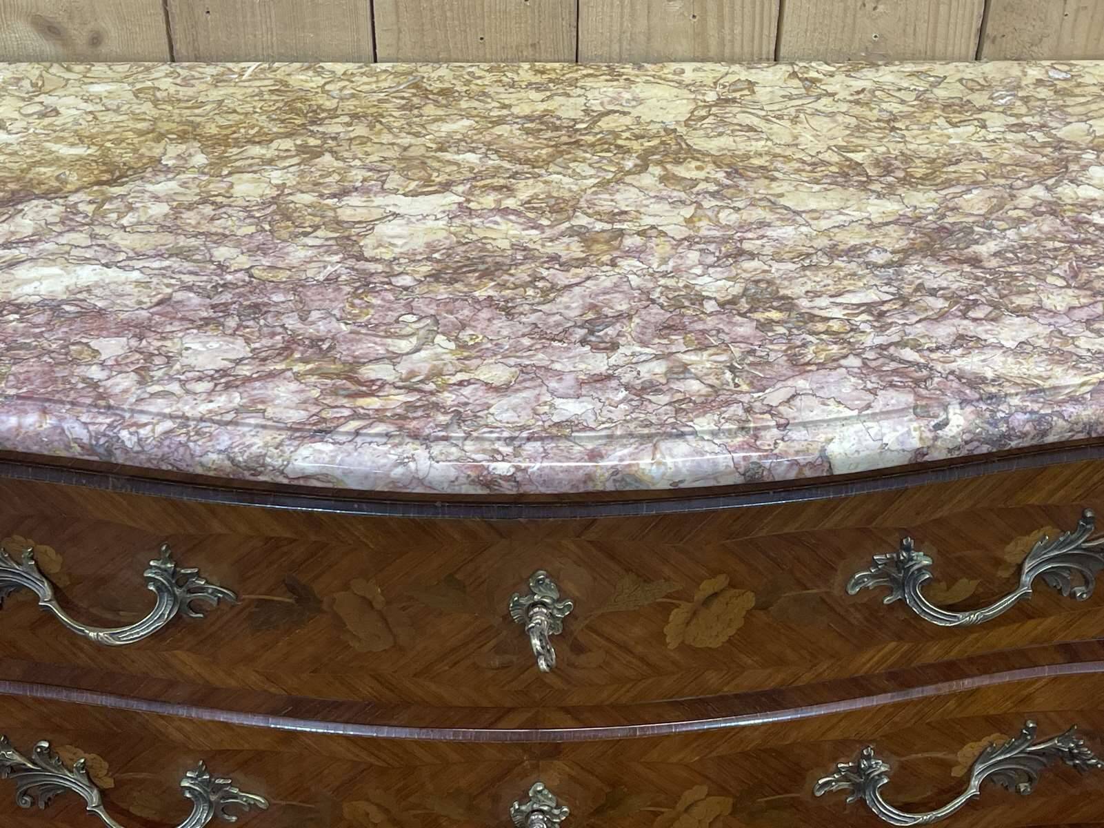 Louis XV style chest of drawers in rosewood, oak and marble top, made in the 70s
