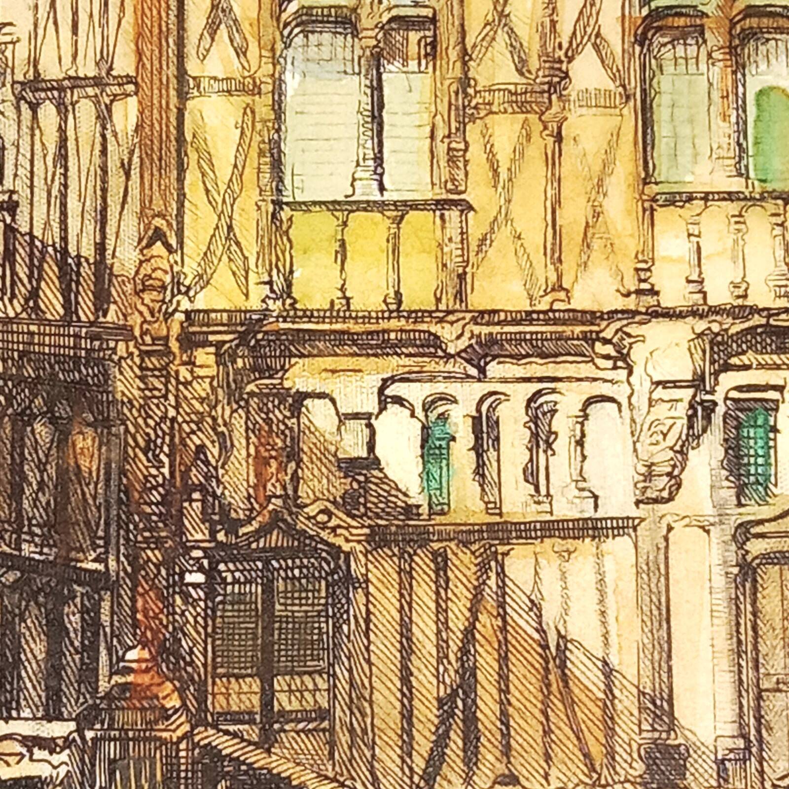 Joigny Old House Porte Saint Jean Colored etching signed Léopold Robin