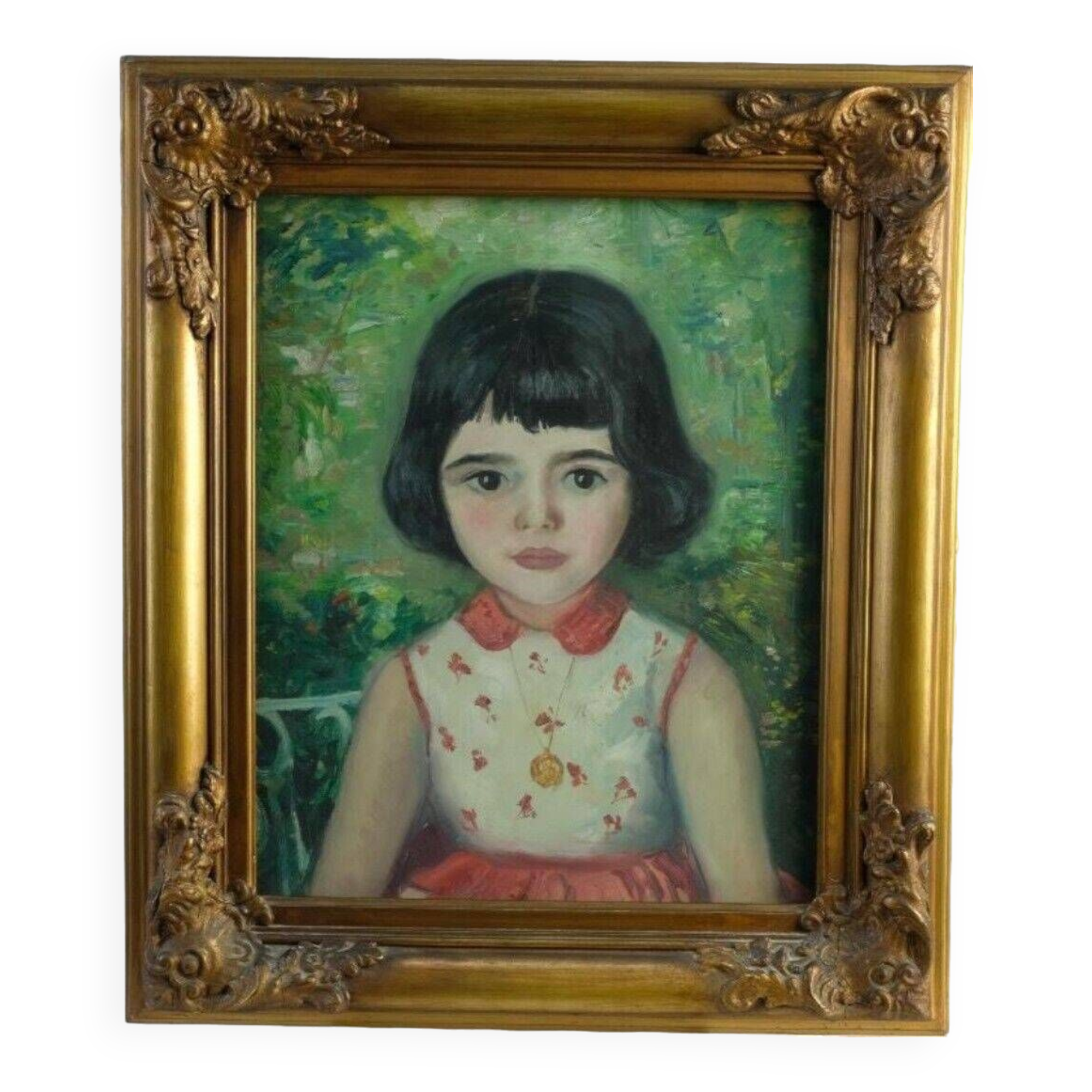 Old oil painting Portrait of a young impressionist girl from the 20th century