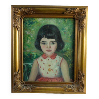 Old oil painting Portrait of a young impressionist girl from the 20th century