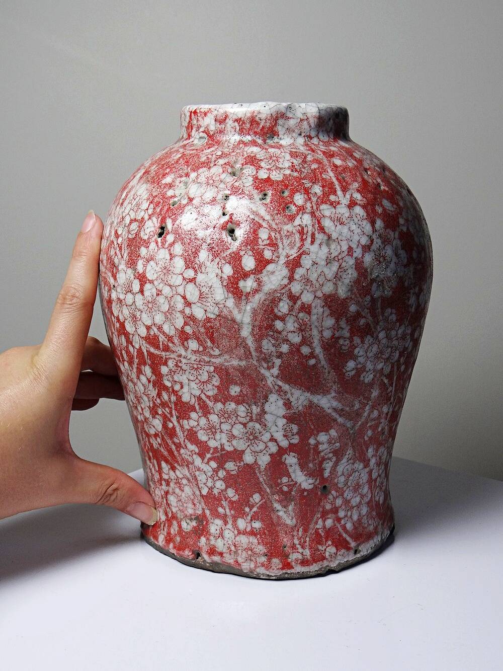 Glazed raku ceramic vase decorated with sakura, vintage 1980s-1990s.