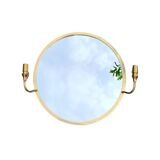 Grand miroir vintage rond en laiton doré avec deux appliques lumineuses - diamètre 50 cm