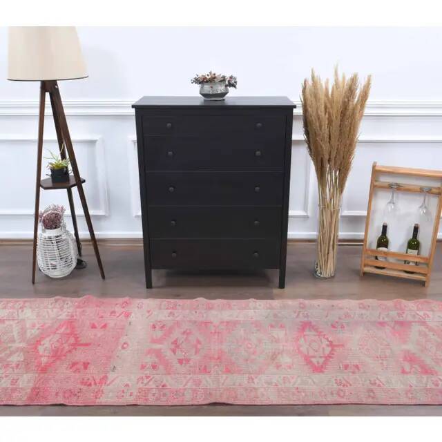 1970s Turkish Hand-Knotted Wool Cotton Pink Runner 88x334