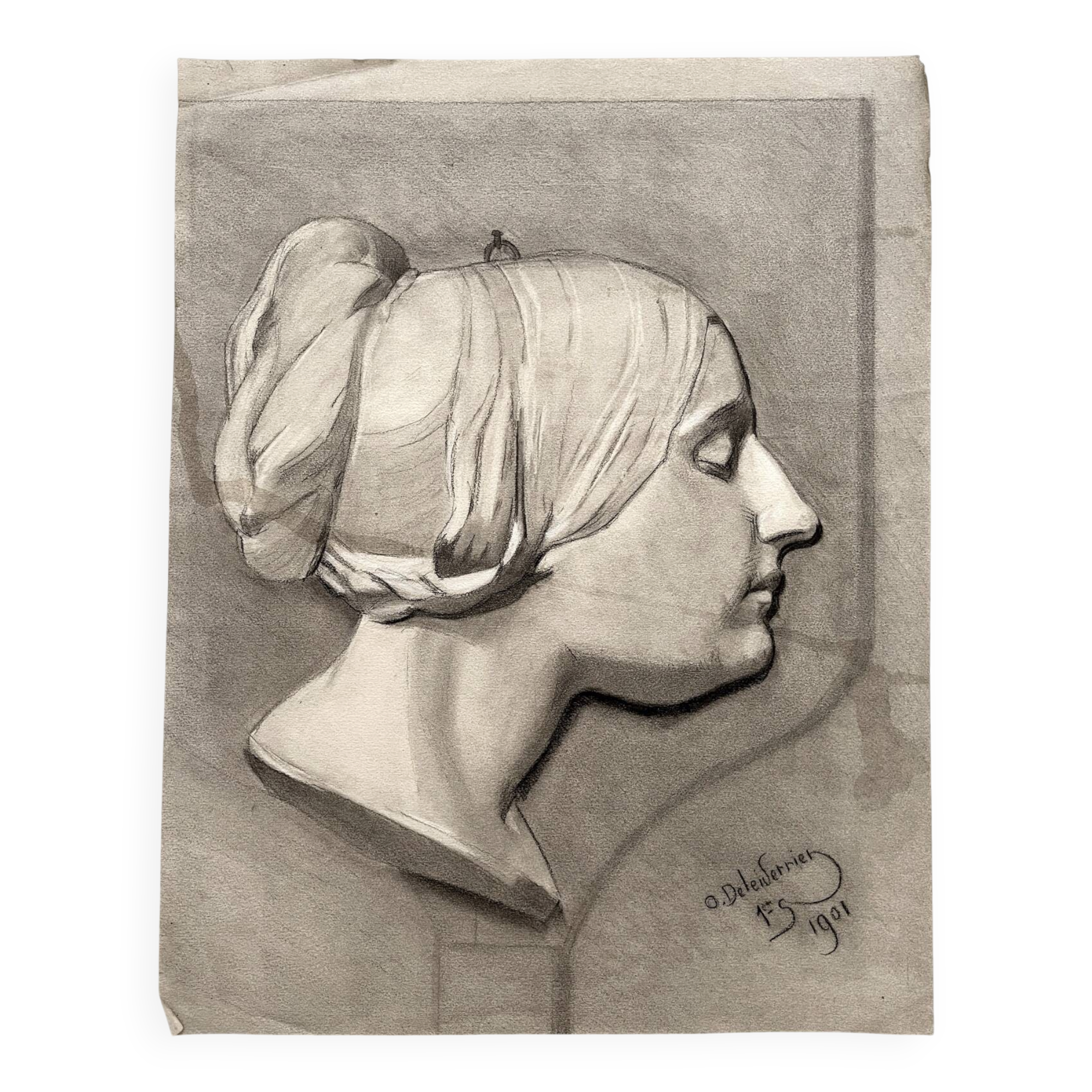 Old academic drawing, profile portrait of a woman by Deleiderrier 1901