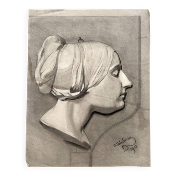 Old academic drawing, profile portrait of a woman by Deleiderrier 1901