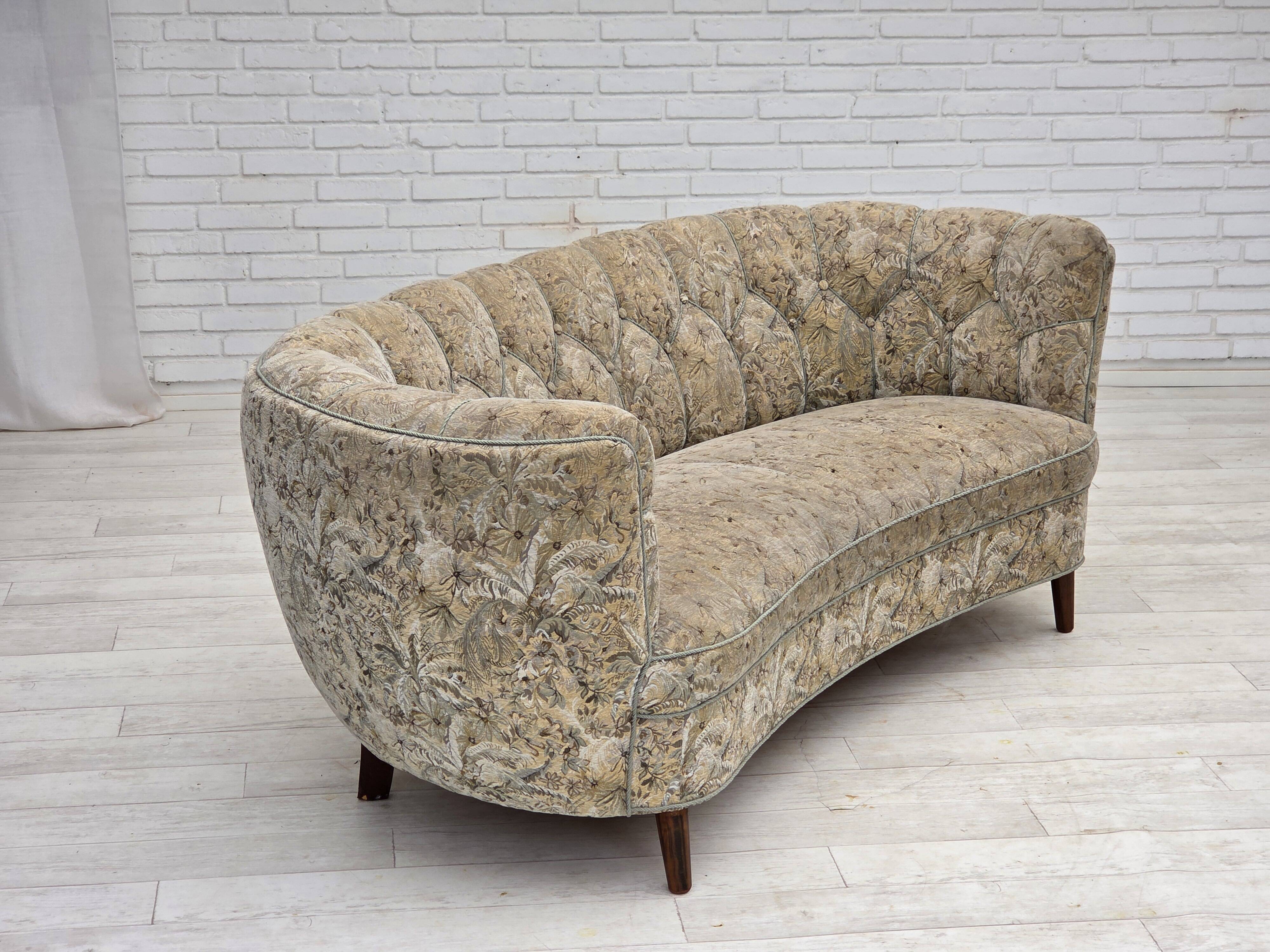 1970s, Danish 3 seater curved sofa, original multicolor furniture fabric.