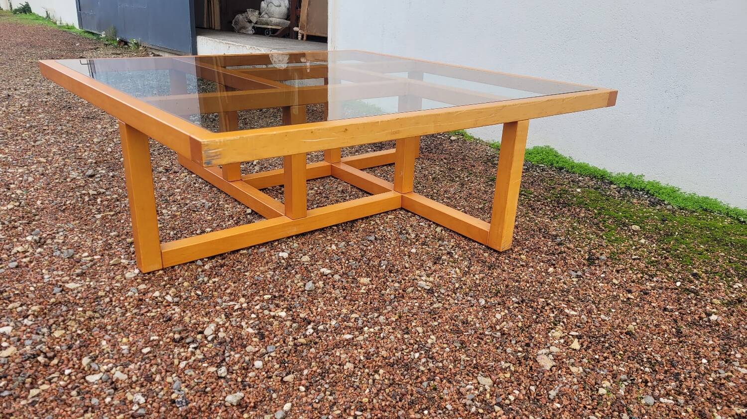 Modernist vintage square coffee table, in wood and old glass