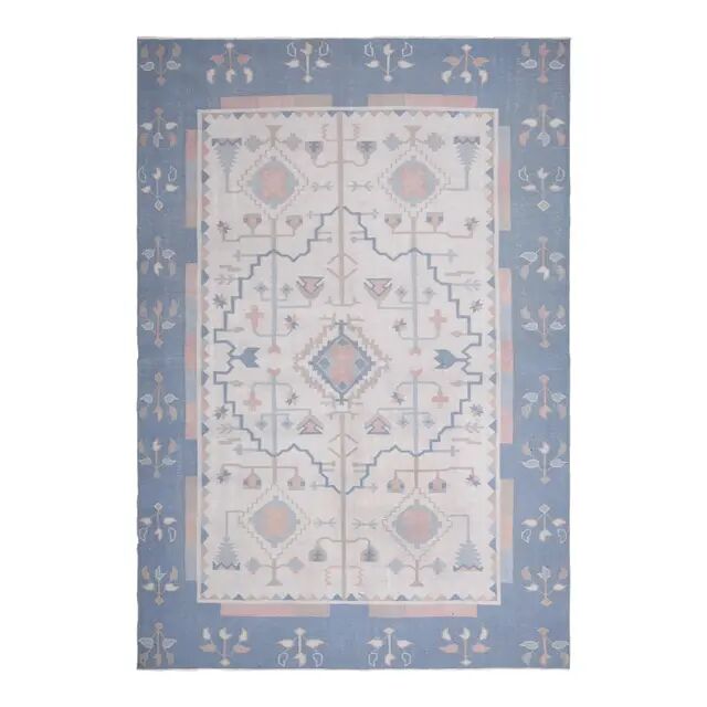 1970s Turkish Oushak Handmade Wool Cotton Blue Beige Area Rug 230x325