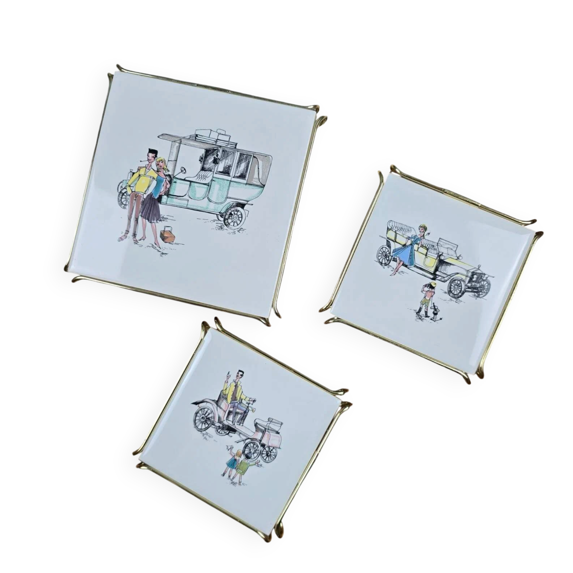 Set of 3 vintage Gien trivets – Retro car, child & couple design