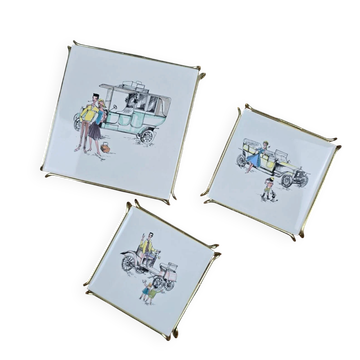 Set of 3 vintage Gien trivets – Retro car, child & couple design