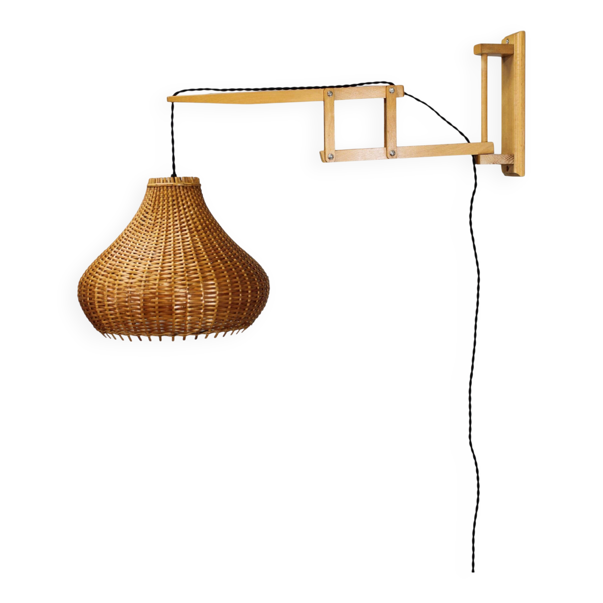 Mid-century adjustable wooden wall lamp with rattan shade, Lipta, 1970s