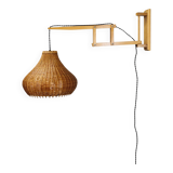 Mid-century adjustable wooden wall lamp with rattan shade, Lipta, 1970s