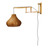 Mid-century adjustable wooden wall lamp with rattan shade, Lipta, 1970s