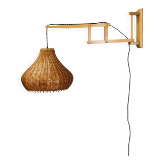 Mid-century adjustable wooden wall lamp with rattan shade, Lipta, 1970s