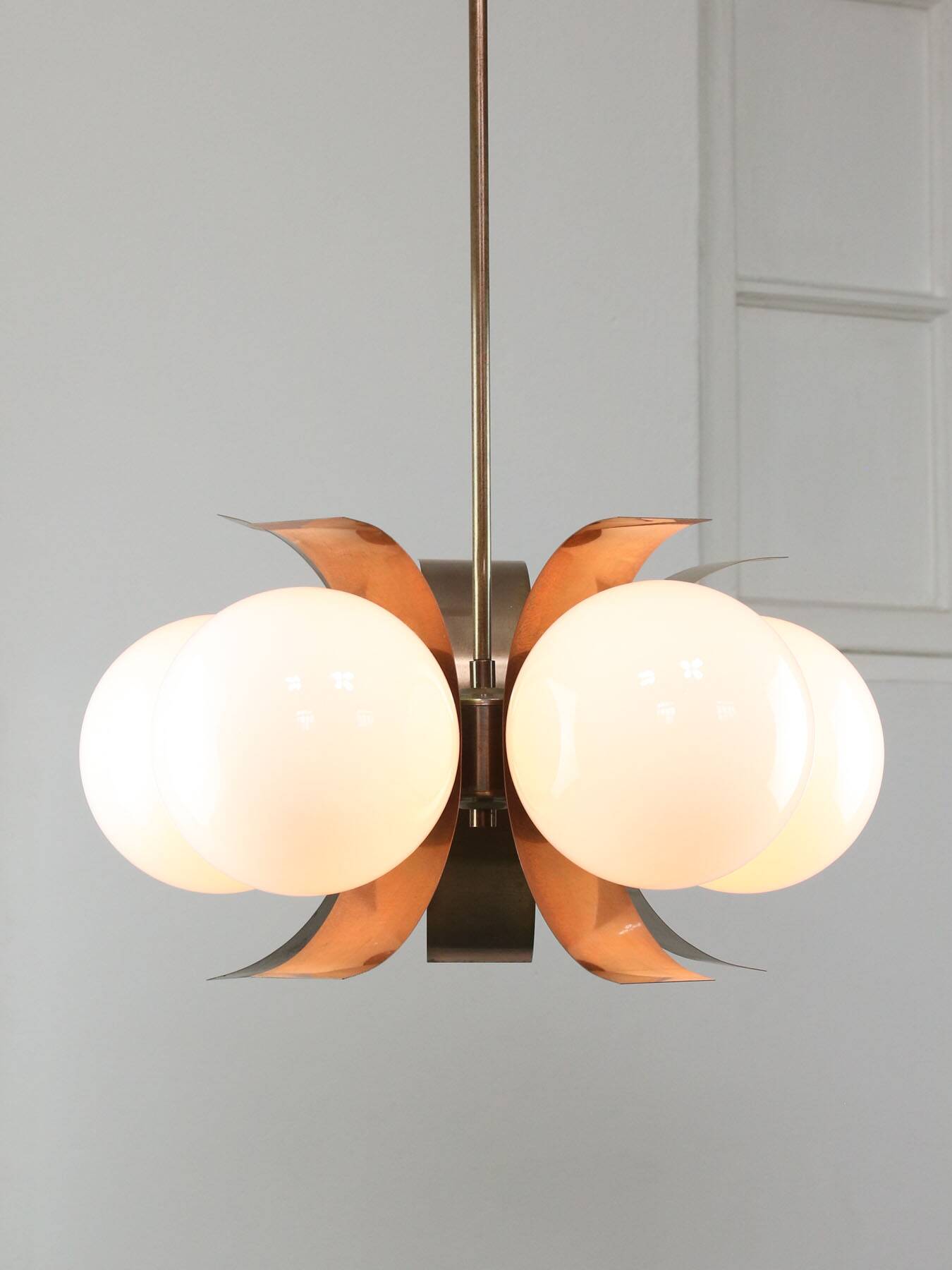 Vintage Italian Copper and Opaline Chandelier, 1970s