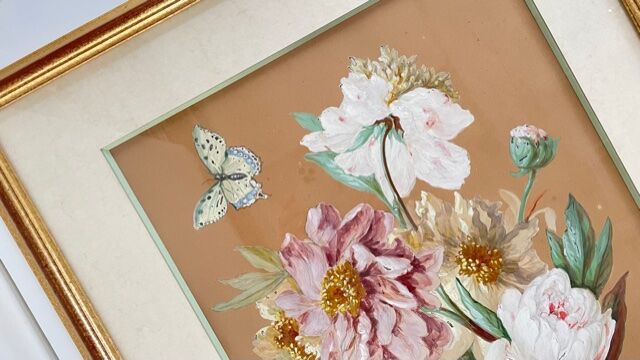Vintage painting bouquet of peonies with butterflies 1890