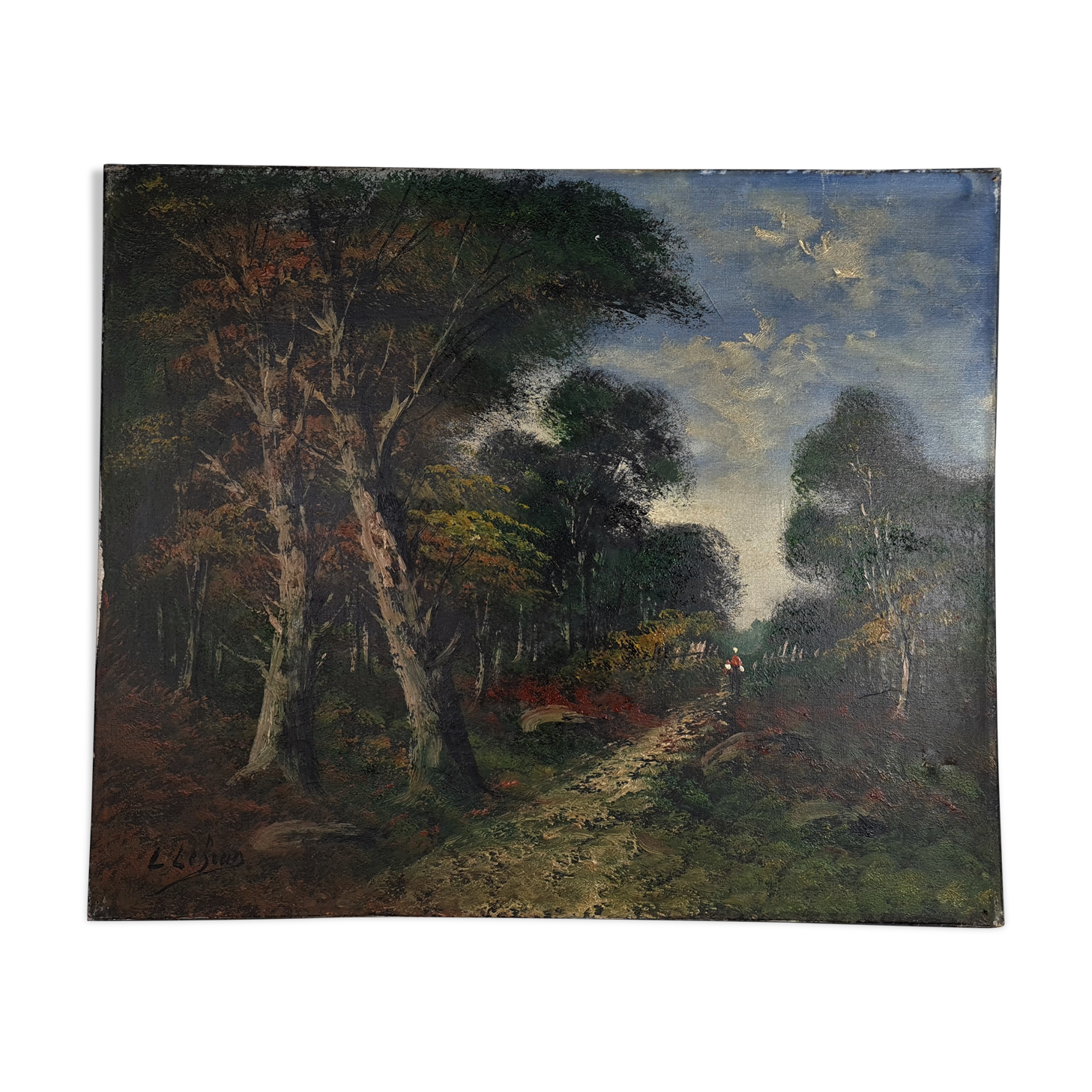 Old oil on canvas animated forest landscape 55x46 cm vintage 50s